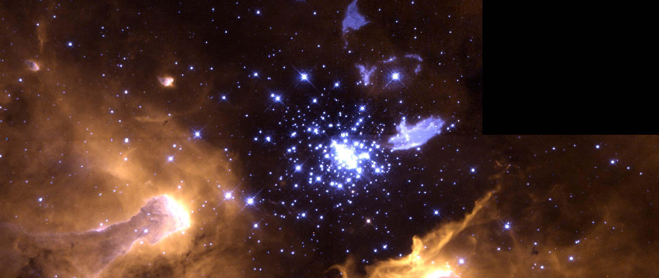 Hình 23.1 Chu kỳ sống của sao. Hình ảnh đáng chú ý về NGC 3603, một tinh vân trong Ngân Hà, được chụp bằng Kính viễn vọng Không gian Hubble, minh họa vòng đời của các ngôi sao. Ở nửa dưới của bức ảnh, chúng ta thấy những đám mây bụi và khí, nơi mà nhiều khả năng quá trình hình thành sao sẽ diễn ra trong tương lai gần. Gần trung tâm, có một cụm sao trẻ, khổng lồ, và nóng, chỉ vài triệu năm tuổi. Phía trên và bên phải của cụm sao, có một ngôi sao bị cô lập được bao quanh bởi một vòng khí. Vuông góc với vòng khí về hai bên của nó, có hai đốm khí màu xanh lam. Vòng khí và các đốm màu đã bị đẩy ra bởi ngôi sao đang gần kết thúc vòng đời của nó. (tín dụng: sửa đổi công việc của NASA, Wolfgang Brandner (JPL / IPAC), Eva K. Grebel (Đại học Washington), You-Hua Chu (Đại học Illinois Urbana-Champaign))